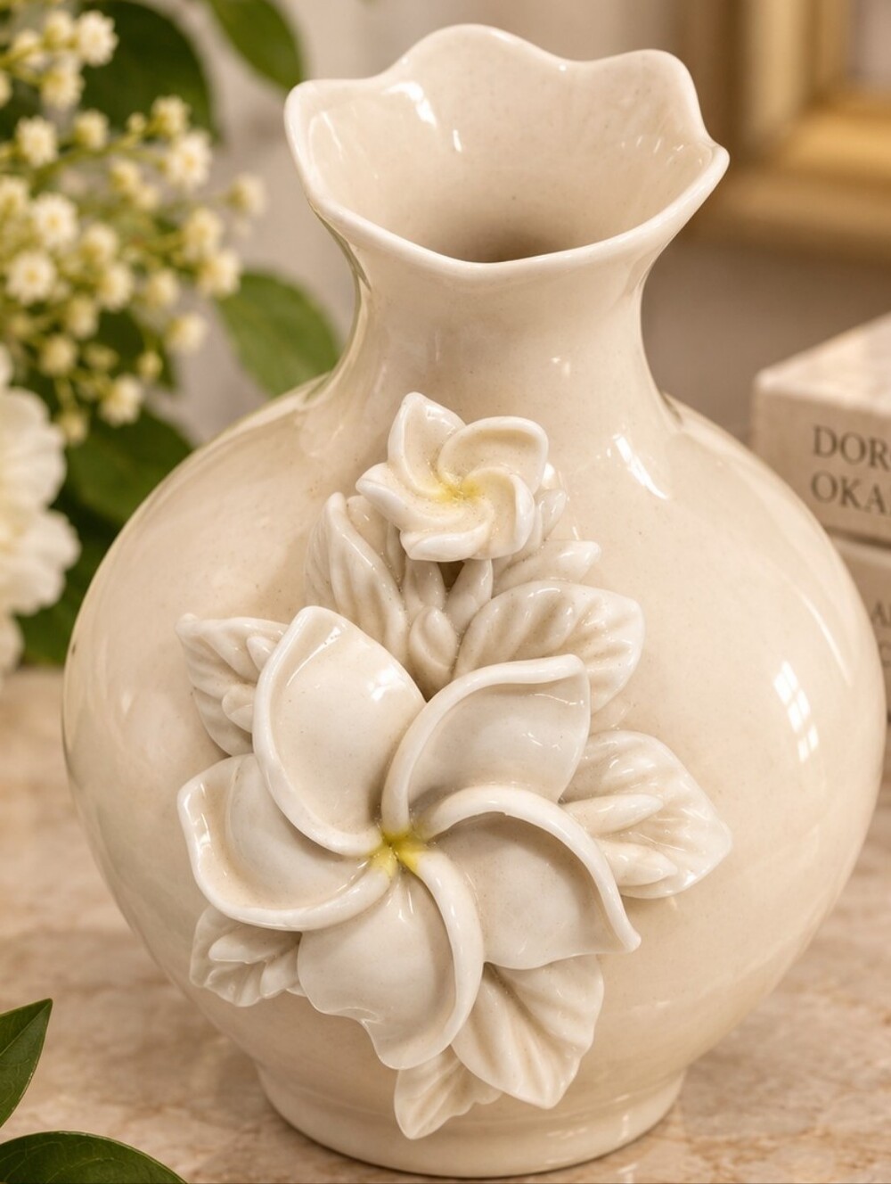 Dorothy Okumoto Mini Porcelain Vase – Sculpted Plumeria Flower Hawaiian Art